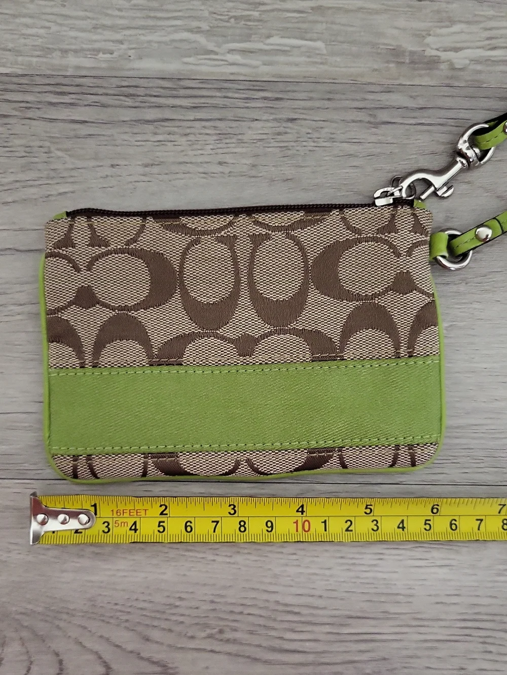 Coach Signature Wristlet Lime Green Trim Khaki Jacquard Wrist Strap Mini Pouch